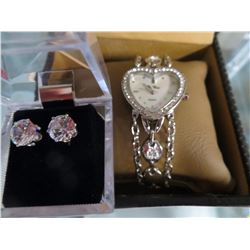 LADIES HEART WATCH/STUDDED EARRINGS