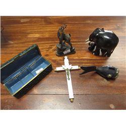 1954 CARVED TRINKET BOX, ORTHODOX CRUCIFIX,, CARVED WOODEN ELEPHANT, GOAT, METAL WHALE
