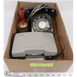 VINTAGE POLAROID CAMERA, PHONE AND SCHOOL BELL.