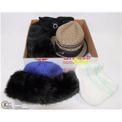 LOT OF 7 LADIES HATS, INCLUDES SUNHAT, 2 FEDORAS