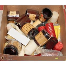 BOX OF BAMBOO CANDLE HOLDERS AND CANDLES