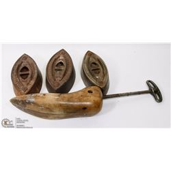 LOT OF 3 ANTIQUE IRONS (NO HANDLES) AND SHOE
