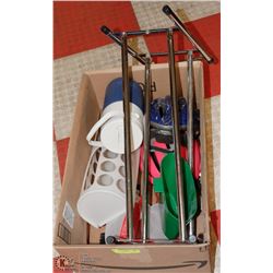 BOX WITH BIKE HELMETS, CAST IRON FRY PAN,