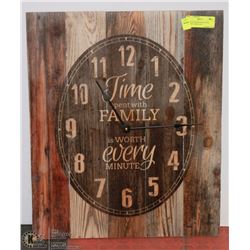 LARGE WOODEN SIGN/CLOCK, BATTERY OPERATED.