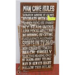 2 WOODEN MAN CAVE HOME DECOR SIGNS & 1 ALUMINUM
