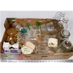 BOX OF VINTAGE GLASSWARE INCL MILK BOTTLES, CRYSTAL