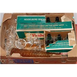 BOX OF VINTAGE BAR WARE, BEER BOTTLES, CRYSTAL ETC