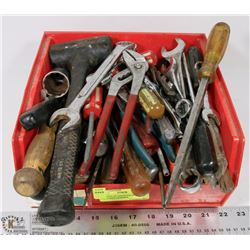 RED TOTE OF ASSORTED HAND TOOLS INCL HAMMER,