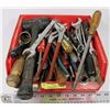 Image 1 : RED TOTE OF ASSORTED HAND TOOLS INCL HAMMER,