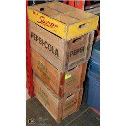 LOT OF 5 VINTAGE WOODEN CRATES INCL PEPSI, 7-UP,
