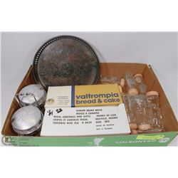 VINTAGE KITCHEN LOT WITH BREAD TUBES, SILVER TRAY