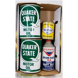 4 VINTAGE OIL TINS INCL QUAKER STATE, WAGNER BRAKE