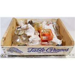 WOOD CRATE WITH ASSORTED VINTAGE ITEMS INCL GLASS,