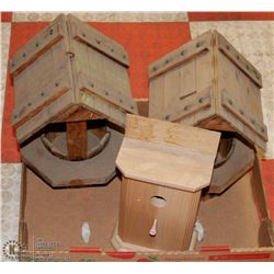 2 WOOD WISHING WELL PLANTERS WITH BIRD FEEDER