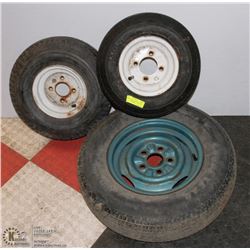 3 ASSORTED SPARE TIRES ON RIMS FOR TRACTOR ETC