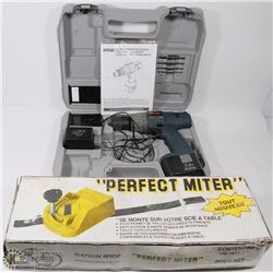 RYOBI DRILL WITH CASE AND MITRE SAW JIG