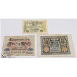 3 GERMAN WWI BANK NOTES, 100 MARKS 1920, 50 MARKS