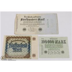 LOT OF 3 GERMAN WWI BANKNOTES - 100,000 MARK 1923,