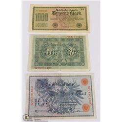 LOT OF 3 WWI GERMAN BANK NOTES, 100 MARKS 1908, 50