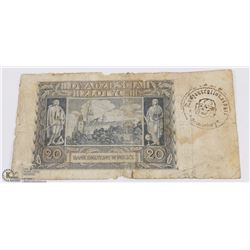 WWII POLISH NAZI OCCUPATION BANK NOTE STAMPED