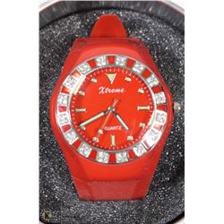53) RED LARGE FASHION WATCH W/ CRYSTALS