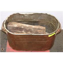 VINTAGE METAL FIREPLACE BUCKET W/ WOOD.