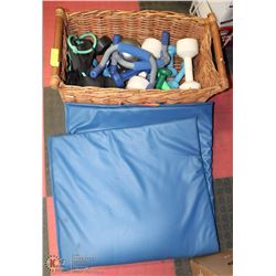 WICKER BASKET OF WEIGHTS, TENSION BANDS, PUSHUPS