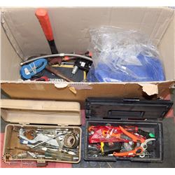 ESTATE BOX OF TOOL SETS, TACKLE BOX, DRILLS AND