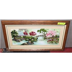 OAK FRAMED CHINESE SCENE NEEDLEPOINT PICTURE