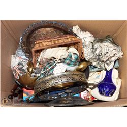 #53) LARGE ESTATE BOX WITH CRYSTAL, BRASS, CHINA,