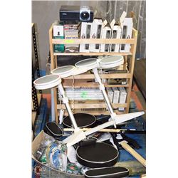 PALLET OF ASST ELECTRONICS, SHELVING, ROCKBAND
