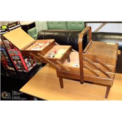 WOOD SEWING BASKET WITH CONTENTS