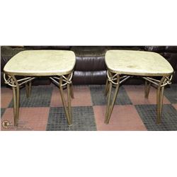 PAIR OF MARBLE TOP METAL BASED END TABLES.