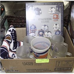 BOX OF OILERS COLLECTIBLES  4 FROSTED MUGS,
