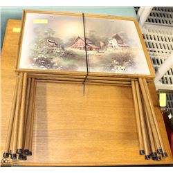 LOT OF 4 FOLDING DECORATIVE TV TRAYS.