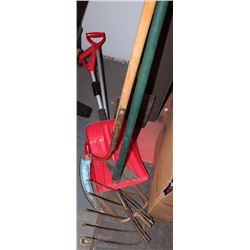 LOT OF ASSORTED TOOLS INCL TRACK SHOVEL, SICKLE,