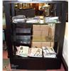 Image 1 : DECORATIVE WOOD AND GLASS SHELVING UNIT.