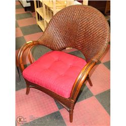 WICKER LOUNGE CHAIR WITH CUSHION.