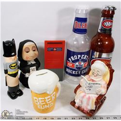 SET OF 7 PIGGY BANKS OILERS, BEER FUND, RETIREMENT
