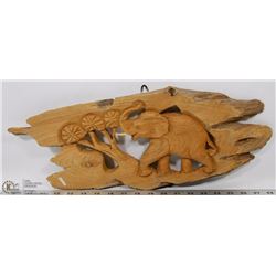 CARVED WOOD ELEPHANT SCENE WALL HANGING.