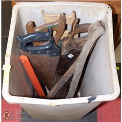 LARGE TOTE WITH ASSORTED ESTATE AXES, AND MORE