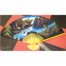 #71)LARGE EAGLE SCENE PAINTED FAN ON CANVAS