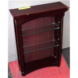 WOOD CABINET WITH METAL LEAF SIDES & GLASS SHELVES