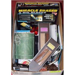 LARGE BOX WITH ASSORTED MISC. INCL MIRACLE ERASER,