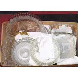 5) BOX W/ SAUCERS, FOOTED FRUIT BOWLS, AMBER BOWL,