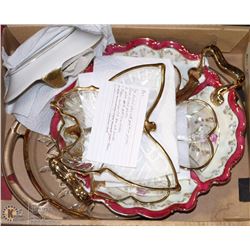 6) BOX W/ GOLD TRIMMED GLASSWARES INCL PLATTERS,