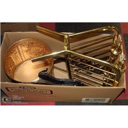 15) BRASS MAGAZINE RACK, BOOK ENDS, GARBAGE PAIL,