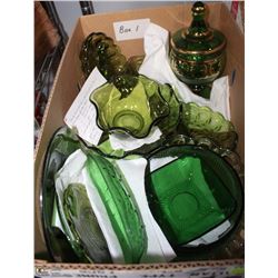 1) BOX W/ EMERALD GREEN GLASS DISHES INCL CANDY