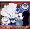 Image 1 : 3) BOX W/ COBALT BLUE & WHITE DISHES INCL DESSERT