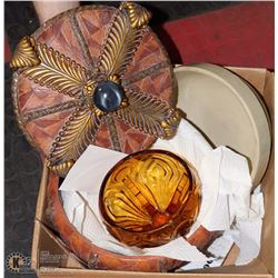 12) BOX W/ DECORATIVE CAULDRON, POTTERY BOWL, AND